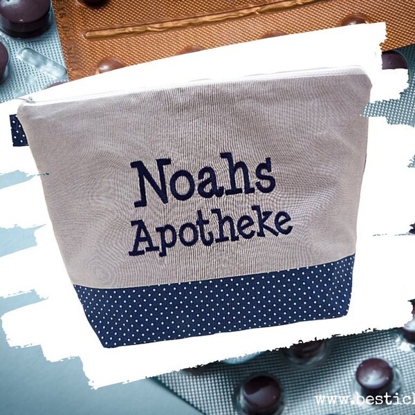 embroidered APOTHEKE navy - gray *NAME* ReiseAPOTHEKE emergency bag, first aid, medication, first aid kit, pharmacy, emergency, travel fever