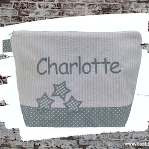 bestickte Tasche 3 STERNE + Name //rosa - grau// Wickeltasche Kulturbeutel Windeltasche Kulturtasche Waschtasche 20 Schriften Kosmetiktasche