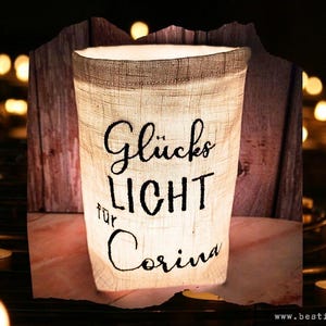 embroidered WINDLIGHT HAPPY LIGHT + NAME //free choice of color// - light bag, candle glass, decoration, garden, table decoration, party, tealight, lantern