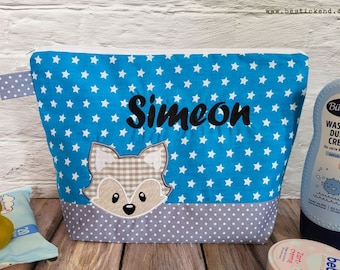 embroidered bag FOX + name //grey - turquoise// diaper bag toiletry bag nappy bag toiletry bag wash bag 20 fonts cosmetic bag