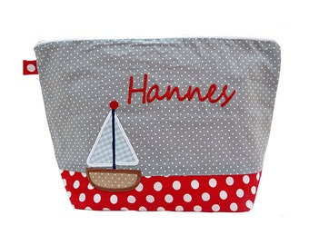 Embroidered Bag SAILBOAT + Name red - grey Diaper bag Toiletry bag Diaper bag Toiletry bag wash bag 20 fonts cosmetic bag