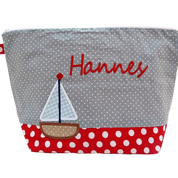 Embroidered Bag SAILBOAT + Name red - grey Diaper bag Toiletry bag Diaper bag Toiletry bag wash bag 20 fonts cosmetic bag