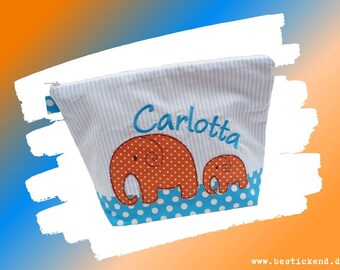 embroidered bag ELEPHANTS + name turquoise - light blue - orange diaper bag wash bag diaper bag wash bag 20 fonts cosmetic bag