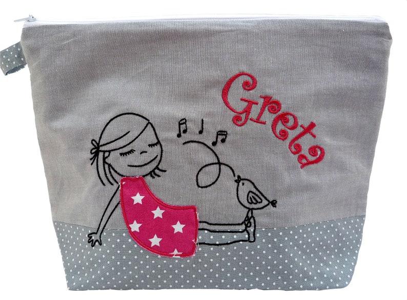 sac brodé GIRL avec BIRD nom gris rose sac à couches trousse de toilette sac à couche trousse de toilette 20 polices sac cosmétique image 2