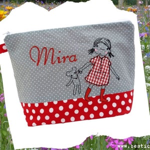 embroidered bag GIRL + name /red - grey/ diaper bag toiletry bag nappy bag toiletry bag wash bag 20 fonts cosmetic bag