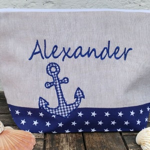 bestickte Tasche ANKER + Name //marine - natur// Wickeltasche Kulturbeutel Windeltasche Kulturtasche Waschtasche 20 Schriftarten Geschenk