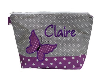 embroidered bag BUTTERFLY + name gray - purple diaper bag toilet bag diaper bag toilet bag wash bag 20 fonts cosmetic bag
