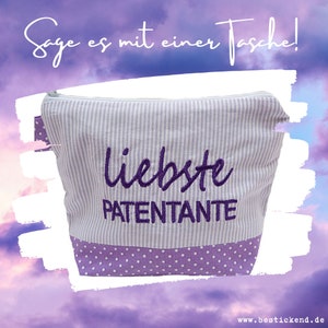 bestickte Tasche LIEBSTE PATENTANTE   //flieder// Kosmetiktasche Kulturtasche Schminktasche Makeup-Bag Statement Kompliment Geschenk (34)