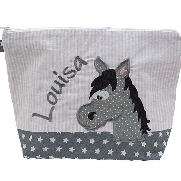 embroidered bag HORSE + name //grey// diaper bag toiletry bag diaper bag toiletry bag wash bag 20 fonts cosmetic bag