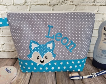 embroidered bag FOX + name //turquoise - grey// diaper bag toiletry bag nappy bag toiletry bag wash bag 20 fonts gift