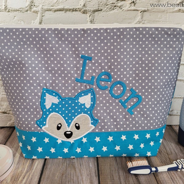 embroidered bag FOX + name //turquoise - grey// diaper bag toiletry bag nappy bag toiletry bag wash bag 20 fonts gift