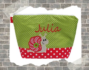 embroidered bag SNAIL + NAME //red - green// diaper bag toiletry bag diaper bag toiletry bag wash bag 20 fonts cosmetic bag