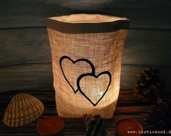 LUZ DE VIENTO bordada "2 CORAZONES" //libre elección de colores// bolsa de luz, vaso de vela, decoración, linterna, regalo, cumplido, gracias, novia, amor