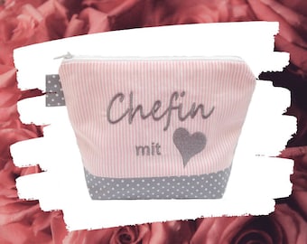 embroidered bag BOSS with HEART pink - gray cosmetic bag toiletry bag make-up bag makeup bag statement compliment gift (41)
