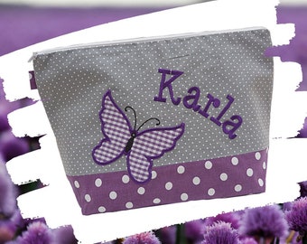 embroidered bag BUTTERFLY + name purple - gray diaper bag toiletry bag diaper bag toiletry bag wash bag 20 fonts cosmetics