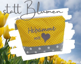 bestickte Tasche HEBAMME mit HERZ //grau – gelb// Kosmetiktasche Kulturtasche Schminktasche Makeup-Bag Statement Kompliment Geschenk (08)