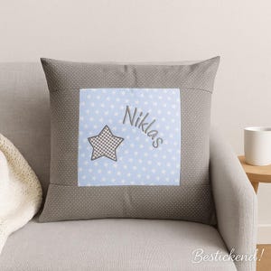embroidered pillow STAR + NAME //light blue – grey// 40x40 pillowcase gift cuddly pillow cuddle pillow name pillow