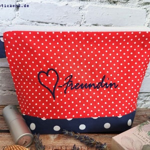 bestickte Tasche HERZENSFREUNDIN  //rot - marine// Kosmetiktasche Kulturtasche Schminktasche Makeup-Bag Statement Kompliment Geschenk (04)