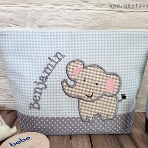 bestickte Tasche ELEFANT + Name //hellblau - grau// Wickeltasche Kulturbeutel Windeltasche Kulturtasche Waschtasche 20 Schriftarten
