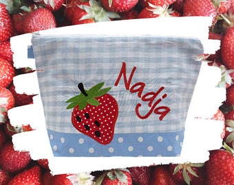 embroidered bag STRAWBERRY + name //light blue// changing bag toiletry bag nappy bag toiletry bag wash bag 20 fonts cosmetic bag