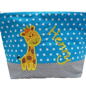 geborduurde tas GIRAFFE naam turkoois grijs luiertas toilettas luiertas toilettas waszak 20 lettertypen make-up tas afbeelding 4