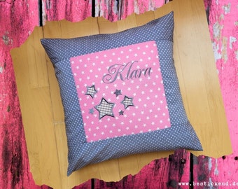 embroidered pillow STARS + NAME //pink - gray// 40x40 pillowcase gift cuddly pillow cuddly pillow name pillow