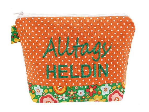 Bestickte Tasche ALLTAGSHELDIN orange bunt Kosmetiktasche Kulturtasche Schminktasche Makeup Bag Statement Kompliment Geschenk 31 Etsy