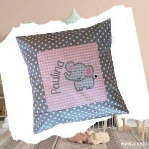 embroidered pillow ELEPHANT + NAME /grey - pink/ 40x40 desired name pillowcase personalized gift cuddly pillow cuddle pillow name pillow