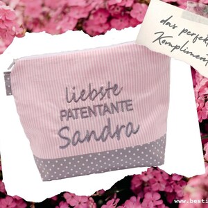 bestickte Tasche PATENTANTE + NAME rosa – grau - Kosmetikasche Schminktasche Kulturtasche Reisetasche Kompliment perfekt als Geschenk /41/