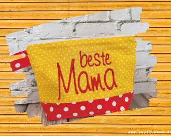 sac brodé BEST MAMA //rouge - jaune//sac cosmétique trousse de toilette trousse de maquillage déclaration compliment cadeau fête des mères (30)