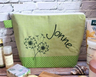 embroidered bag DANDELION + name //GREEN// diaper bag toiletry bag nappy bag toiletry bag wash bag 20 fonts cosmetic bag