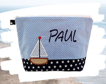 embroidered bag SAILBOAT + NAME *light blue - navy* diaper bag toiletry bag diaper bag toiletry bag wash bag 20 fonts gift