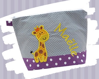 embroidered bag GIRAFFE + name /grey - lilac/ changing bag toiletry bag diaper bag toiletry bag wash bag 20 fonts cosmetic bag