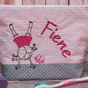 bestickte Tasche  HANDSTAND + Name //grau – rosa - pink//  Wickeltasche Kulturbeutel Windeltasche Waschtasche 20 Schriftarten Kosmetiktasche