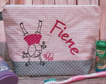 bestickte Tasche  HANDSTAND + Name //grau – rosa - pink//  Wickeltasche Kulturbeutel Windeltasche Waschtasche 20 Schriftarten Kosmetiktasche