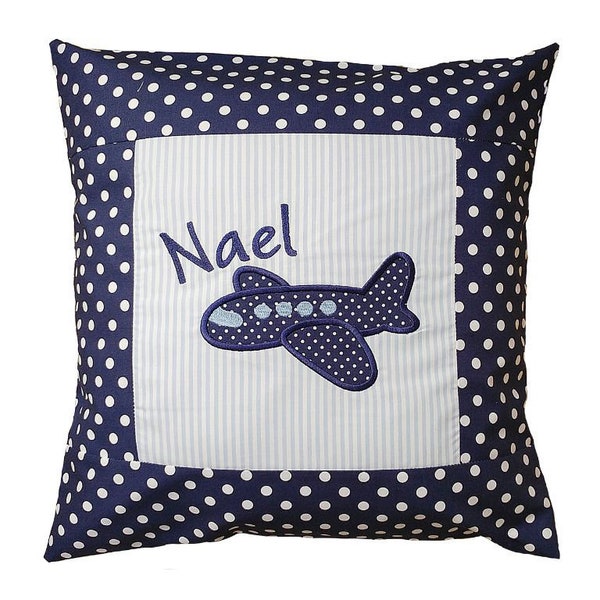 besticktes Kissen FLUGZEUG + NAME   //hellblau - marine//   40x40 Kissenbezug Geschenk Schmusekissen Kuschelkissen Namenskissen