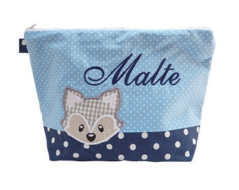 geborduurde tas FOX + naam navy - lichtblauwe luiertas toilettas toilettas toilettas 20 lettertypen cosmetische tas