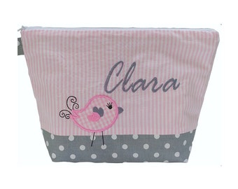 embroidered bag BIRD + NAME // pink - gray // diaper bag wash bag diaper bag wash bag wash bag 20 fonts cosmetic bag