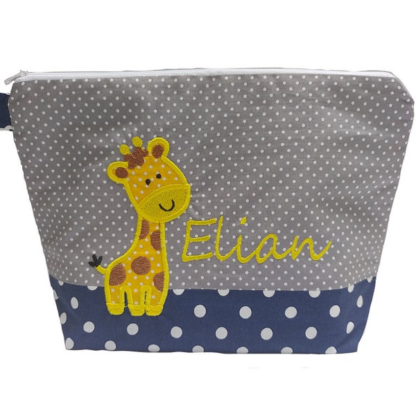 embroidered bag GIRAFFE + name navy - grey diaper bag toiletry bag diaper bag toiletry bag wash bag 20 fonts cosmetic bag