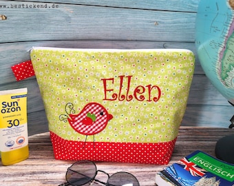 embroidered bag BIRDS + name //red - colorful// diaper bag toiletry bag nappy bag toiletry bag wash bag cosmetic bag