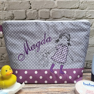 embroidered bag GIRL + name //purple - gray// diaper bag toiletry bag diaper bag toiletry bag wash bag 20 fonts cosmetic bag