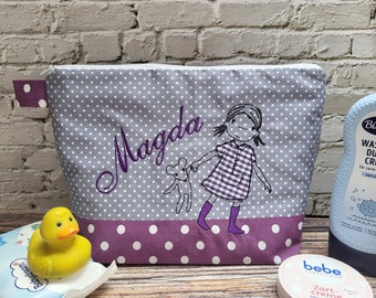 bolsa bordada NIÑA + nombre //púrpura - gris// bolsa de pañales bolsa de pañales bolsa de pañales bolsa de pañales bolsa de lavado 20 fuentes bolsa de cosméticos