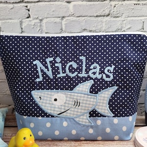 embroidered bag SHARK + name light blue - navy changing bag toiletry bag diaper bag toiletry bag wash bag 20 fonts cosmetic bag