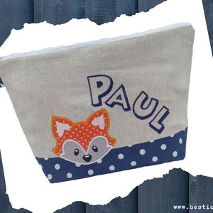 bestickte Tasche FUCHS + Name  //natur - marine//   Wickeltasche Kulturbeutel Windeltasche Kulturtasche Waschtasche 20 Schriftarten Geschenk