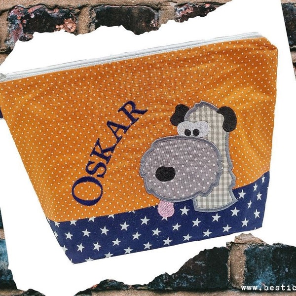 embroidered bag DOG + name //navy - orange// diaper bag toiletry bag diaper bag toiletry bag wash bag 20 fonts cosmetic bag