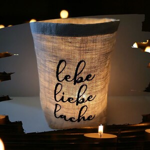besticktes Windlicht  "LEBE . LIEBE . LACHE"  *freie Farbwahl*  Lichtbeutel Kerzenglas Deko Laterne Geschenk Kompliment Danke Freundin Liebe