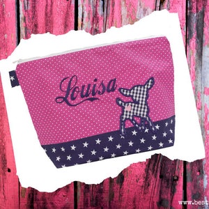 bestickte Tasche REH + Name //marine - pink//   Wickeltasche Kulturbeutel Windeltasche Kulturtasche Waschtasche 20 Schriftarten Geschenk