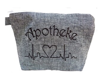 embroidered PHARMACY "heart curve" // linen gray // travel PHARMACY emergency bag first aid medication emergency travel fever