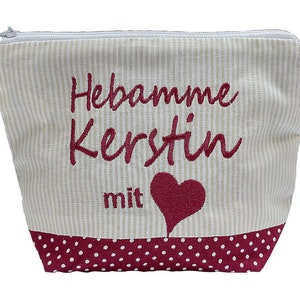 embroidered bag MIDWIFE with HEART NAME //bordeaux natural// cosmetic bag make-up bag toiletry bag travel bag makeup bag 20 fonts image 1
