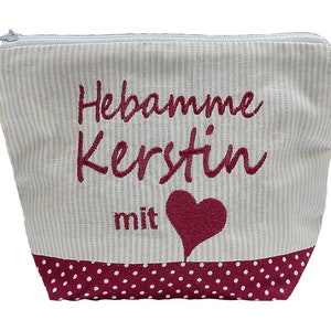 bestickte Tasche HEBAMME mit HERZ NAME //bordeaux natur// Kosmetikasche Schminktasche Kulturtasche Reisetasche Makeup-Bag 20 Schriften Bild 1